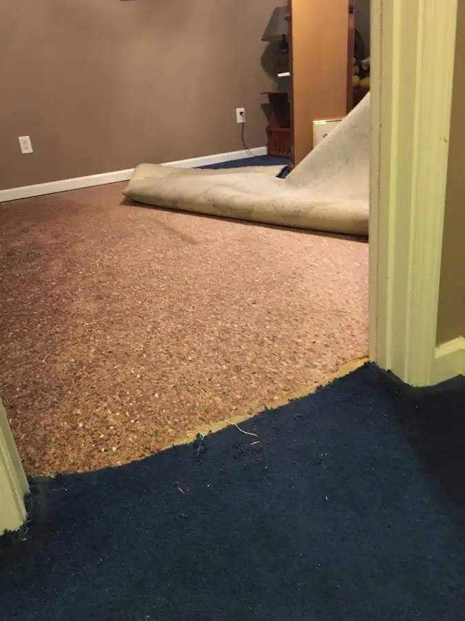 Carpet pad removal revealing water damage during Drying & Dehumidification in Westlake Village